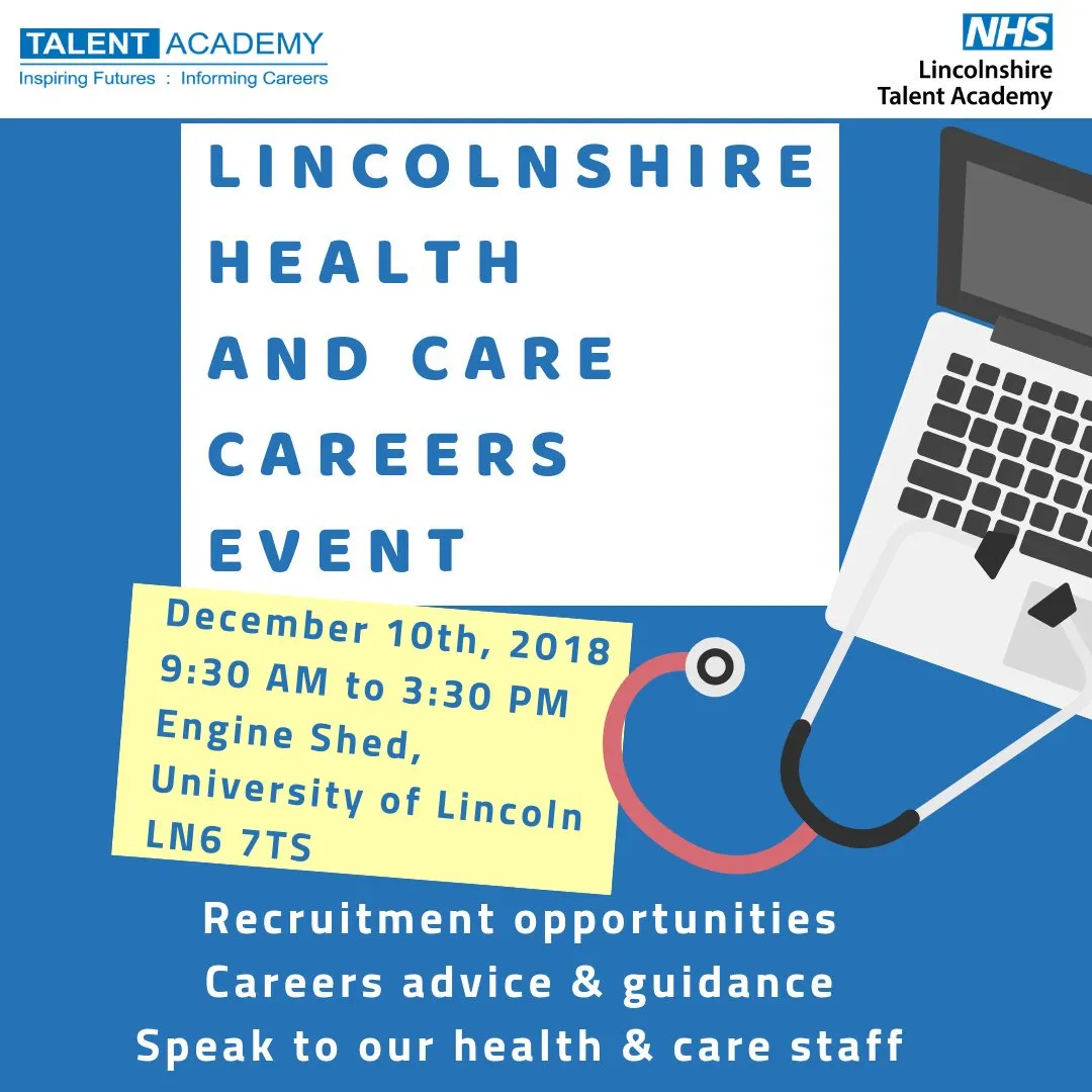 Square social graphic promoting the Lincolnshire Health and Care Careers Event