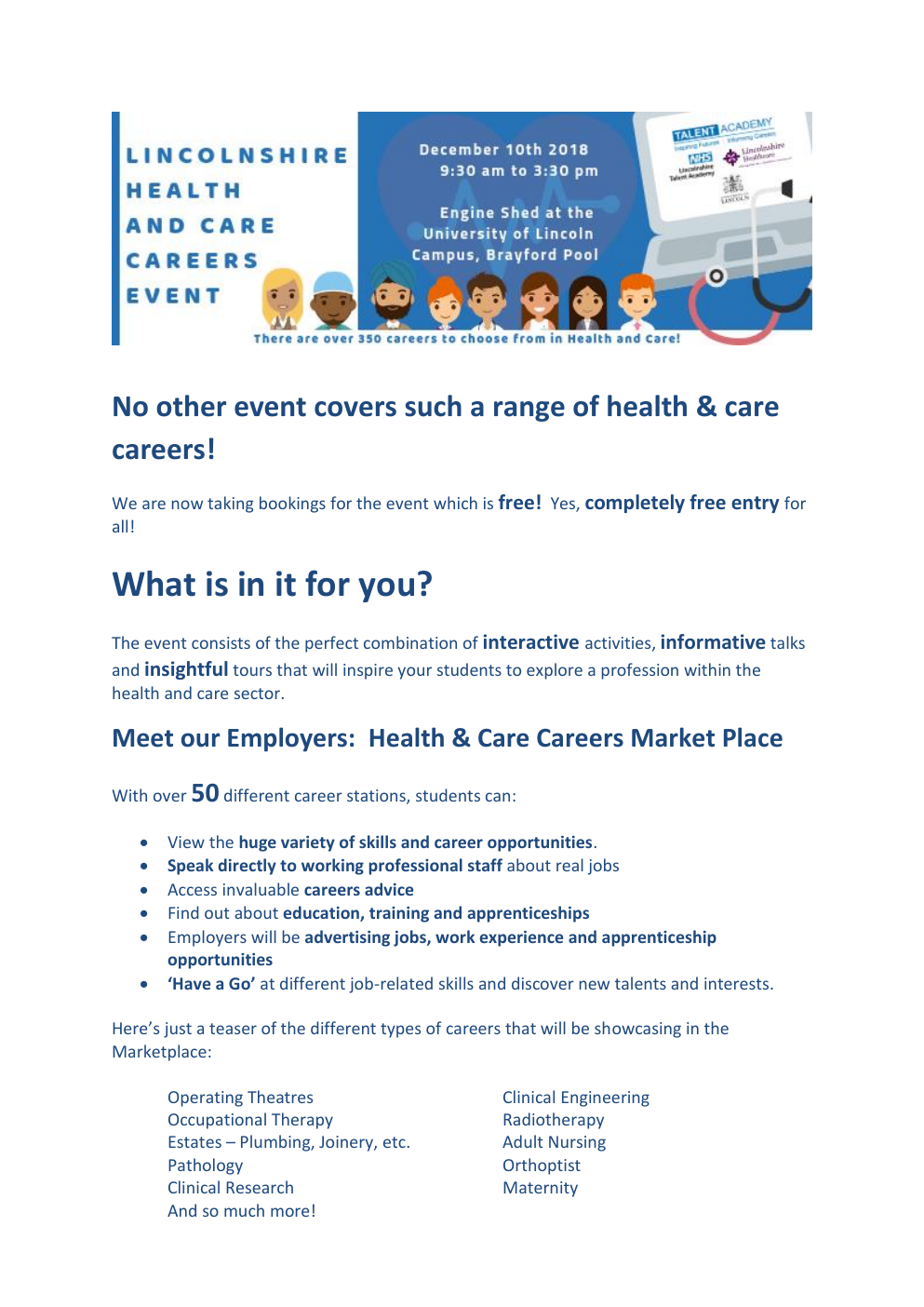 First page of the Health and Care Careers Event email wording