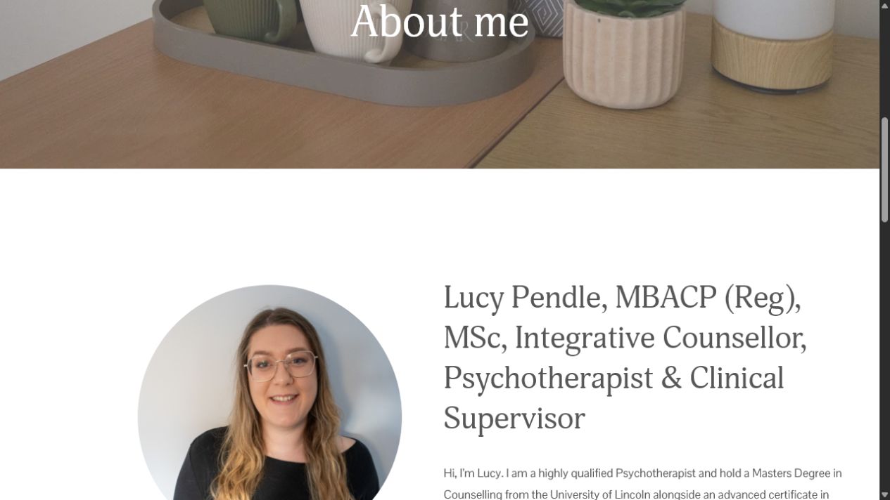 About Lucy page introducing Lucy Pendle and her professional qualifications