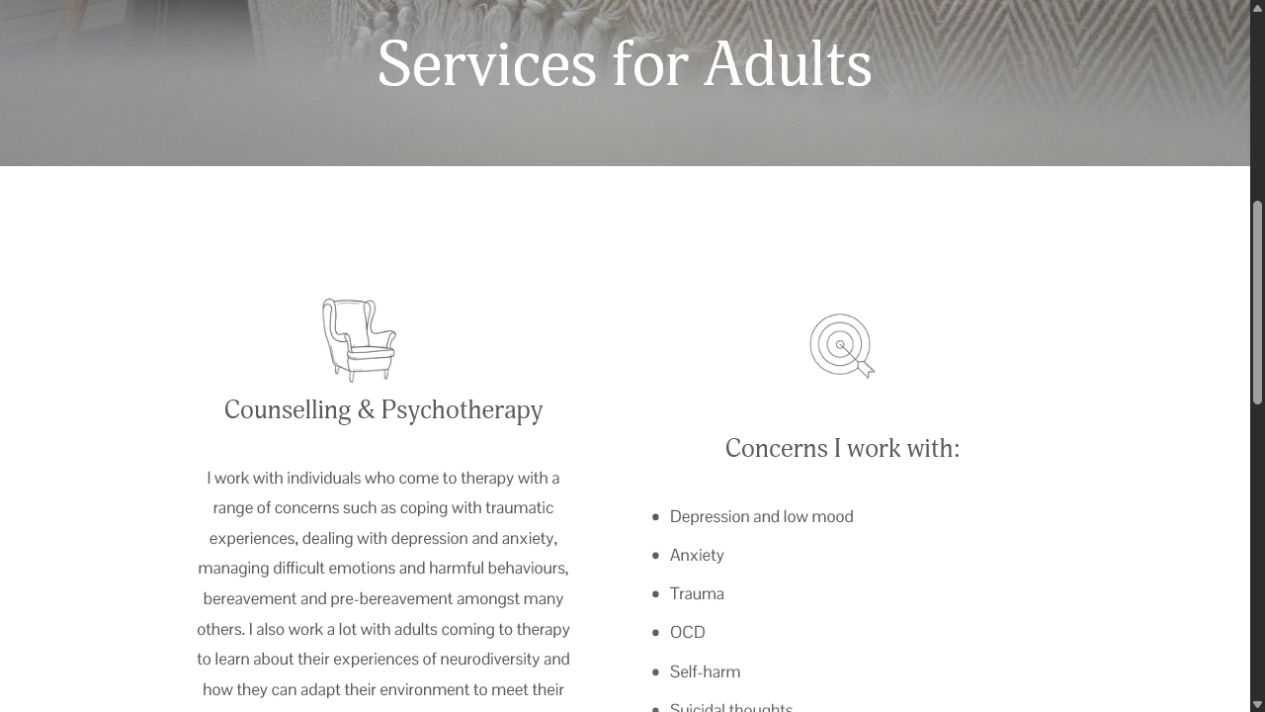 Adult counselling page explaining the service and concerns supported
