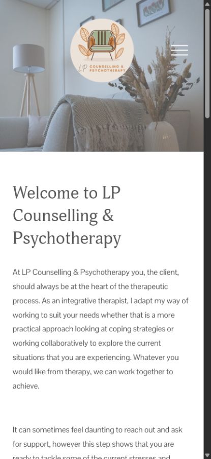 LP Counselling homepage adapted for a mobile screen