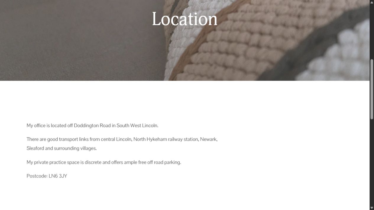 Location page with practical travel, parking and postcode information
