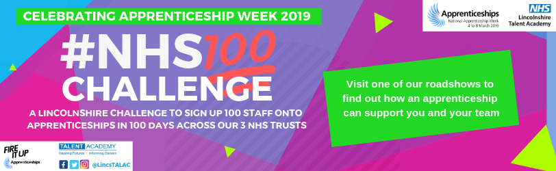 Wide NHS100Challenge digital banner promoting apprenticeship roadshows