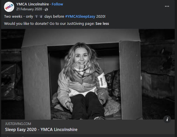 YMCA Lincolnshire Sleep Easy two-week countdown and JustGiving call to action