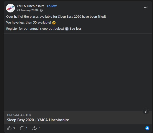 YMCA Lincolnshire Facebook update reporting more than half of Sleep Easy places filled