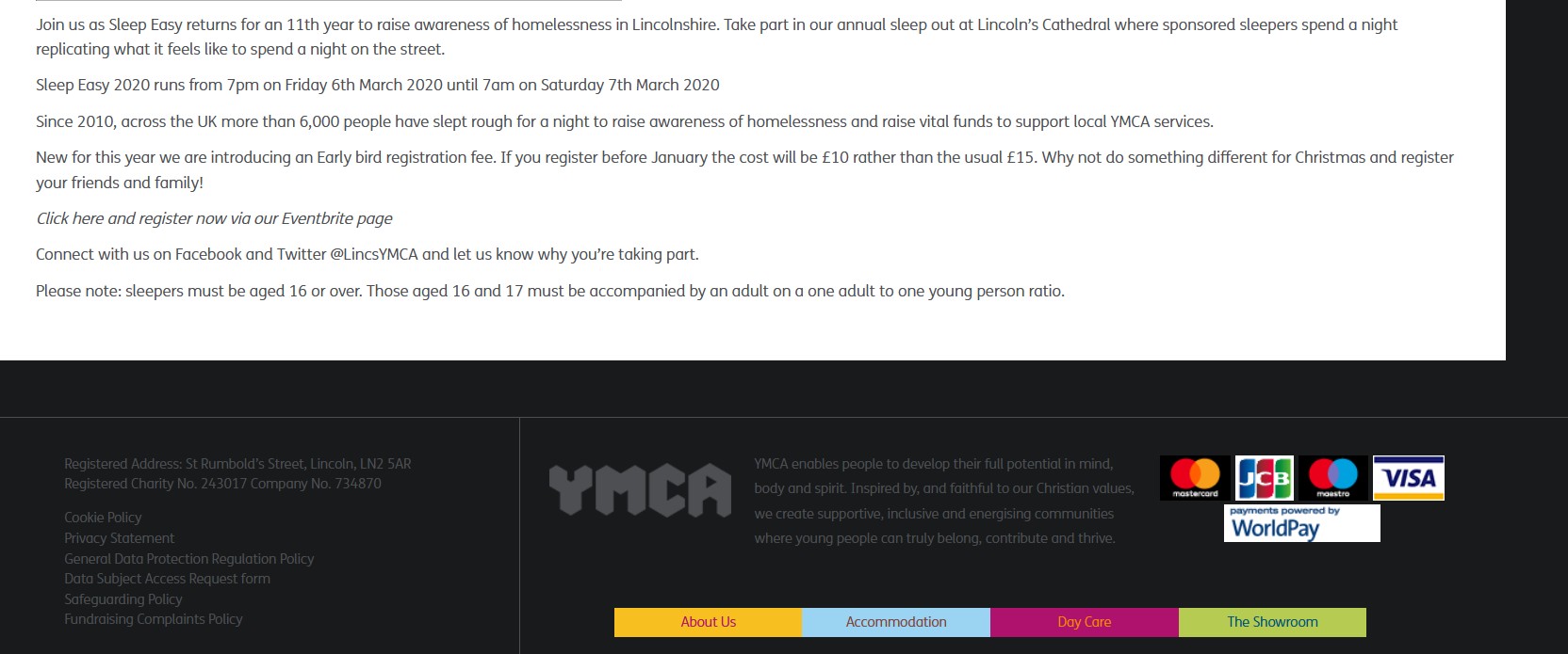 Archived YMCA Lincolnshire Sleep Easy 2020 webpage content